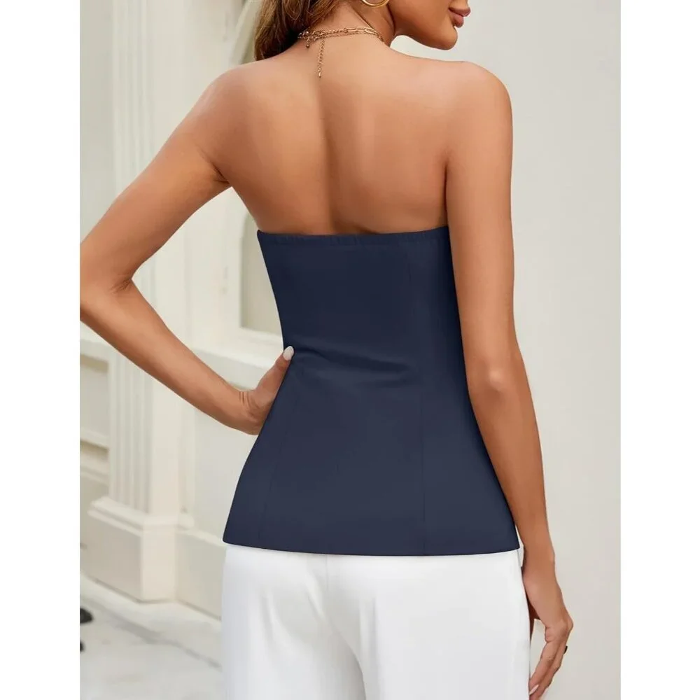 Women's Blue Summer Going Out Sleeveless Button Down Dressy Tube Vest Tops
